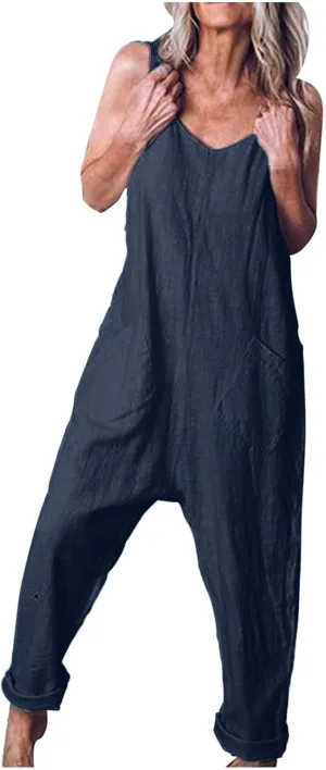Casual Dressy Jumpsuits for Women 2024 Cotton Linen Sleeveless Summer Beach Romper Overalls With Pockets Clothes 2024