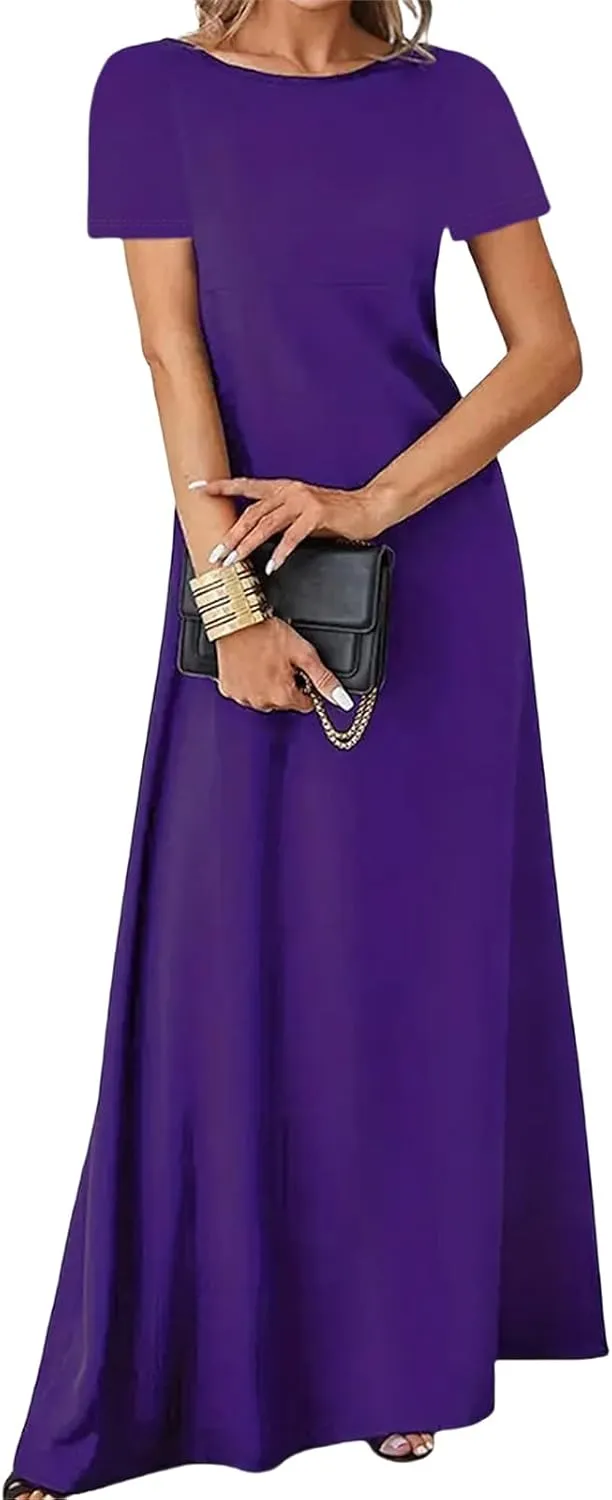 Casual Maxi Dresses for Women Summer Flowy Long Dress Business Short Sleeve Side Slit Dress Loose Plain Comfy Sundress