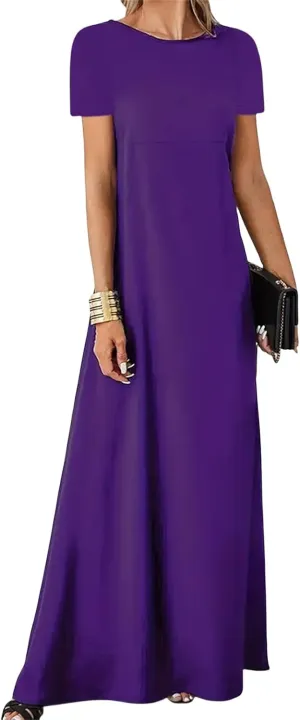 Casual Maxi Dresses for Women Summer Flowy Long Dress Business Short Sleeve Side Slit Dress Loose Plain Comfy Sundress