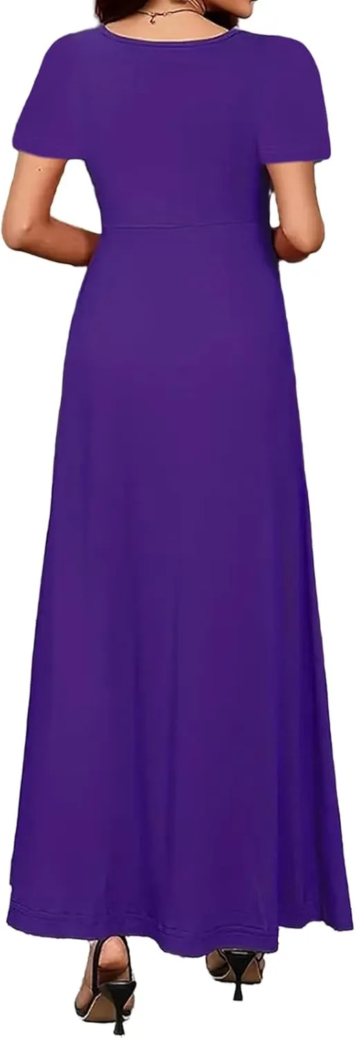 Casual Maxi Dresses for Women Summer Flowy Long Dress Business Short Sleeve Side Slit Dress Loose Plain Comfy Sundress