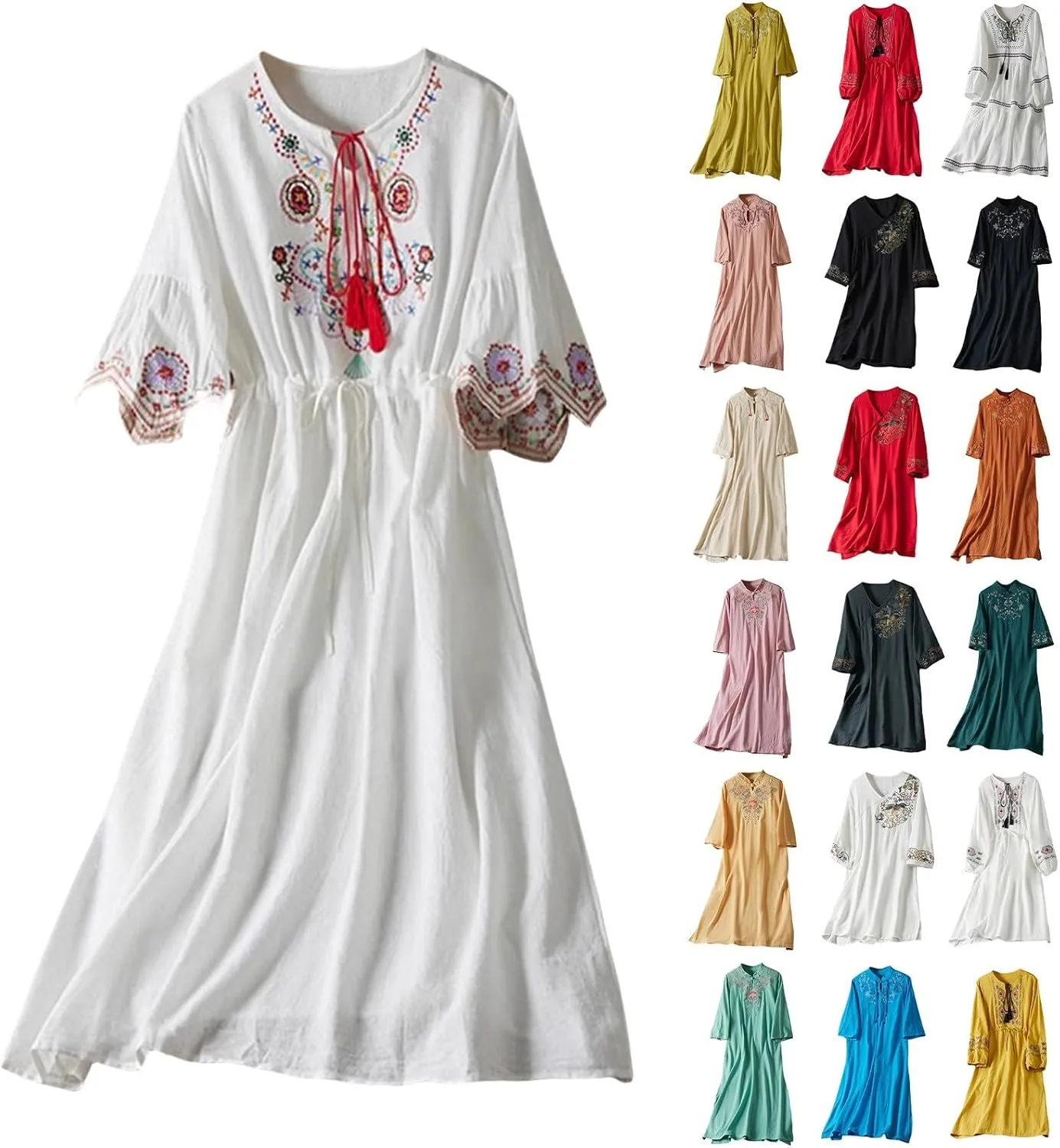 Casual Summer Dresses for Women 2025,Women's Cotton Linen Dresses Embroidered Sleeve A Line Comfy Elegant Maxi Dress