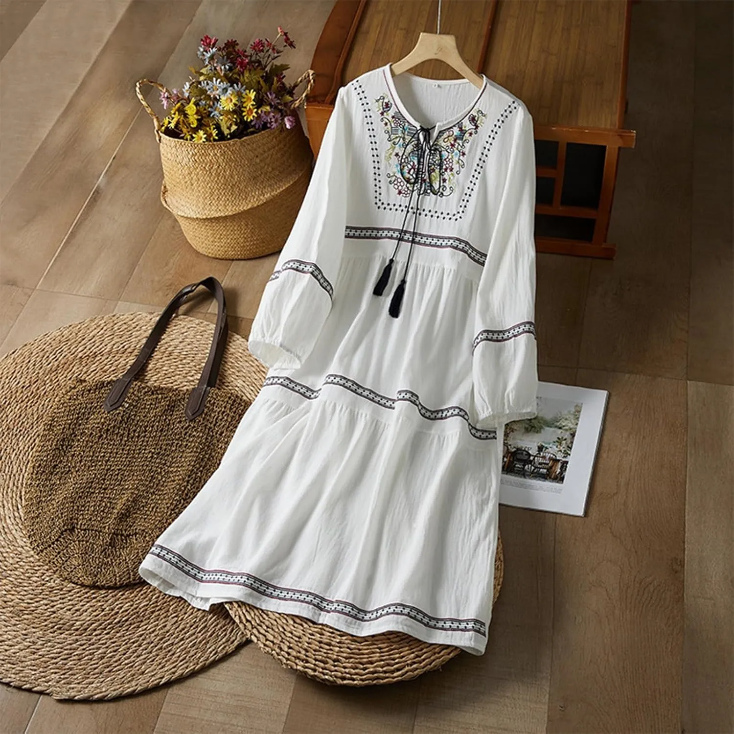Casual Summer Dresses for Women 2025,Women's Cotton Linen Dresses Embroidered Sleeve A Line Comfy Elegant Maxi Dress