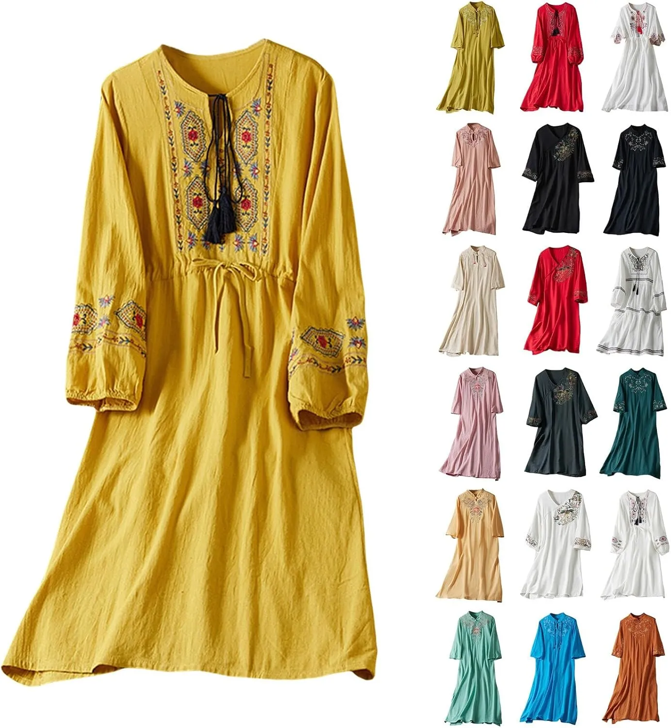 Casual Summer Dresses for Women 2025,Women's Cotton Linen Dresses Embroidered Sleeve A Line Comfy Elegant Maxi Dress