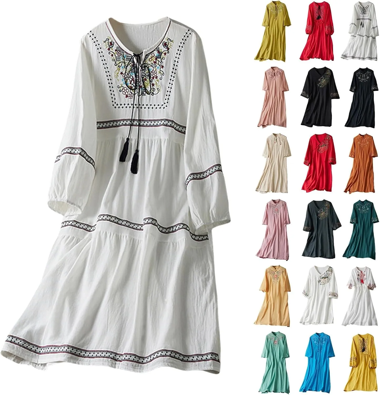 Casual Summer Dresses for Women 2025,Women's Cotton Linen Dresses Embroidered Sleeve A Line Comfy Elegant Maxi Dress