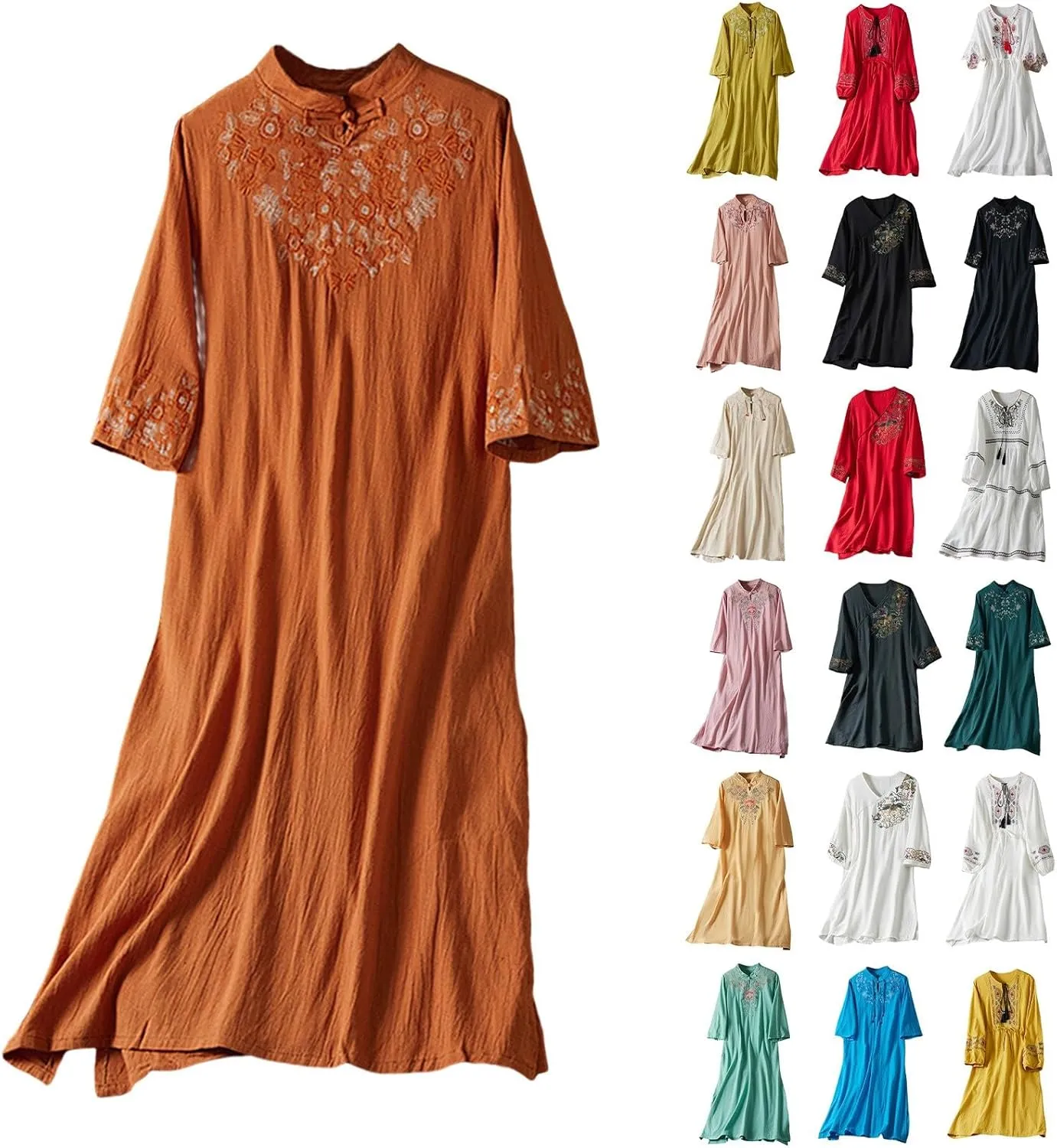 Casual Summer Dresses for Women 2025,Women's Cotton Linen Dresses Embroidered Sleeve A Line Comfy Elegant Maxi Dress