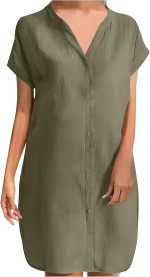 Casual Summer Dresses for Women 2025,Women's Solid Color Cap Sleeve V Neck Loose Fit Sun Dresses Beach Mini Comfy Dress