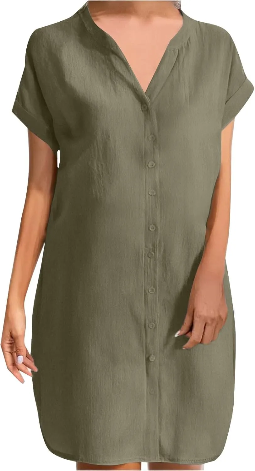 Casual Summer Dresses for Women 2025,Women's Solid Color Cap Sleeve V Neck Loose Fit Sun Dresses Beach Mini Comfy Dress