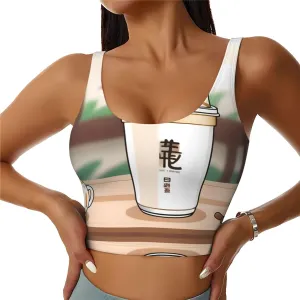 Cat Shape Milk Tea Women's Sexy Sports Vest Sleeveless Athletic Gym T-Shirts Vest U-Shaped Back Quick Dry Top