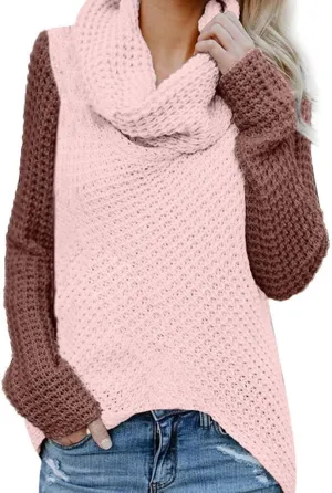 Chunky Sweaters Cowl Neck Color Block Asymmetric Hem Wrap Oversized Knit Sweaters Pullover Tops