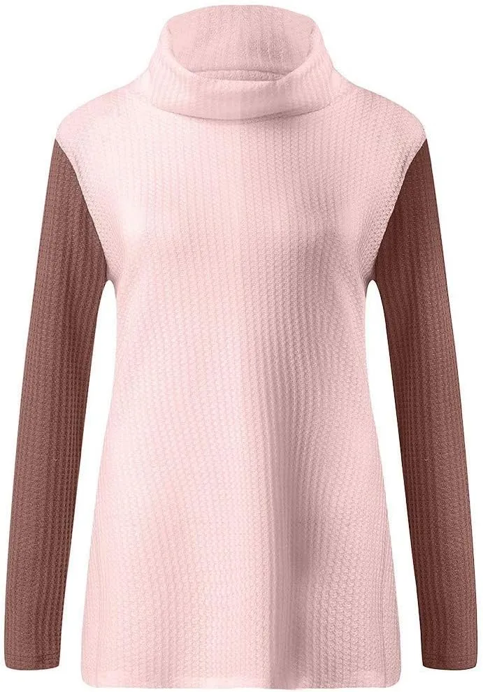 Chunky Sweaters Cowl Neck Color Block Asymmetric Hem Wrap Oversized Knit Sweaters Pullover Tops