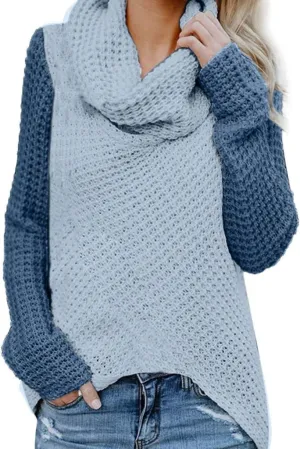 Chunky Sweaters Cowl Neck Color Block Asymmetric Hem Wrap Oversized Knit Sweaters Pullover Tops