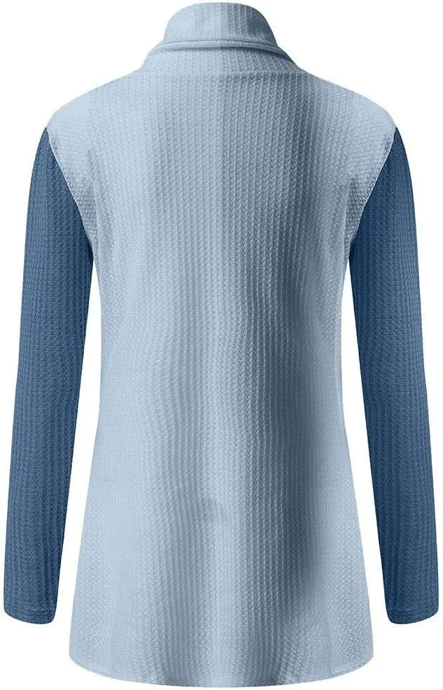 Chunky Sweaters Cowl Neck Color Block Asymmetric Hem Wrap Oversized Knit Sweaters Pullover Tops