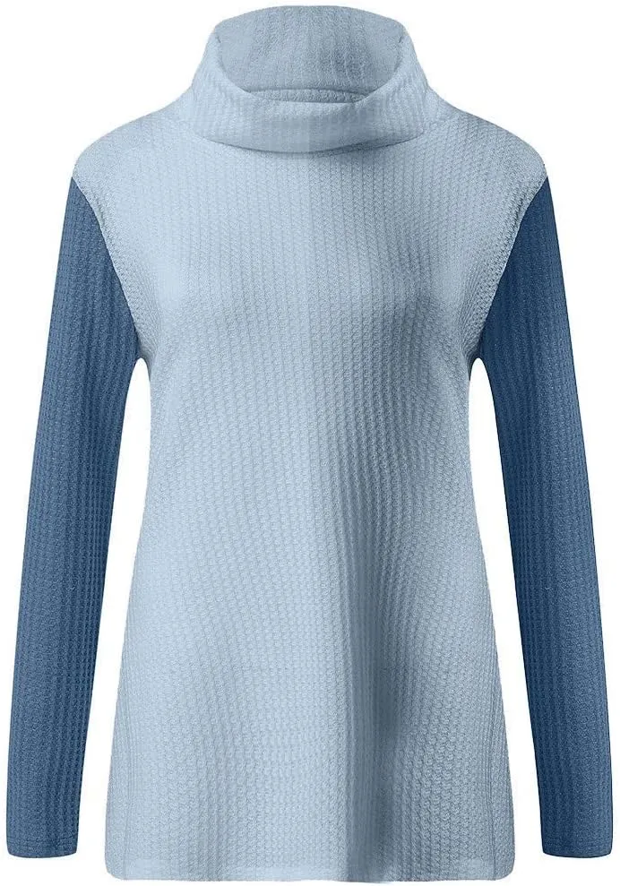 Chunky Sweaters Cowl Neck Color Block Asymmetric Hem Wrap Oversized Knit Sweaters Pullover Tops