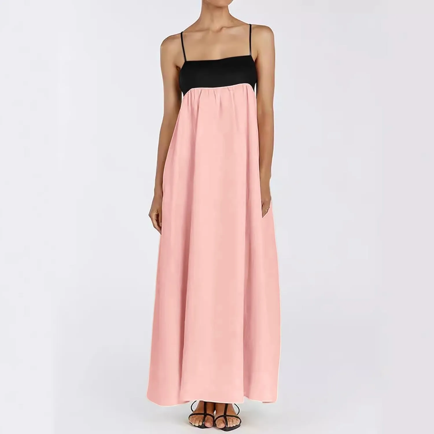 Contrast Dress for Women Spaghetti Straps Backless Maxi Dress Summer Outfits Sleeveless Travel Vacation Long Dresses