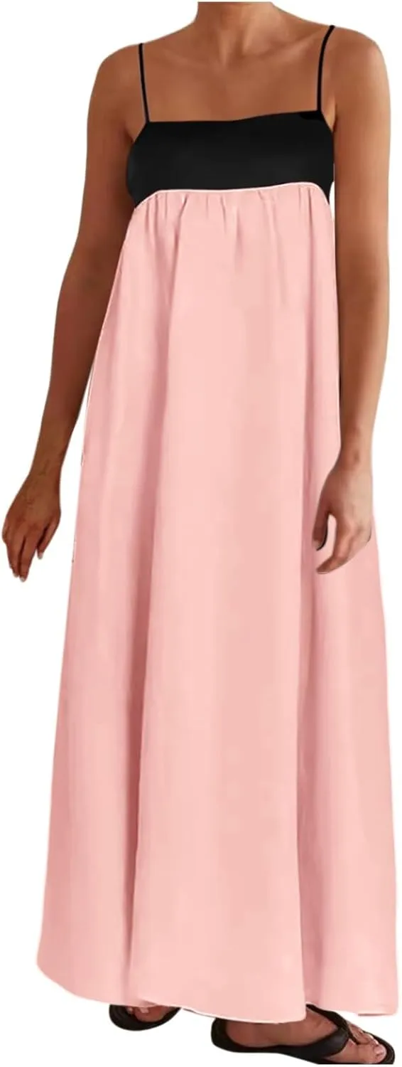 Contrast Dress for Women Spaghetti Straps Backless Maxi Dress Summer Outfits Sleeveless Travel Vacation Long Dresses