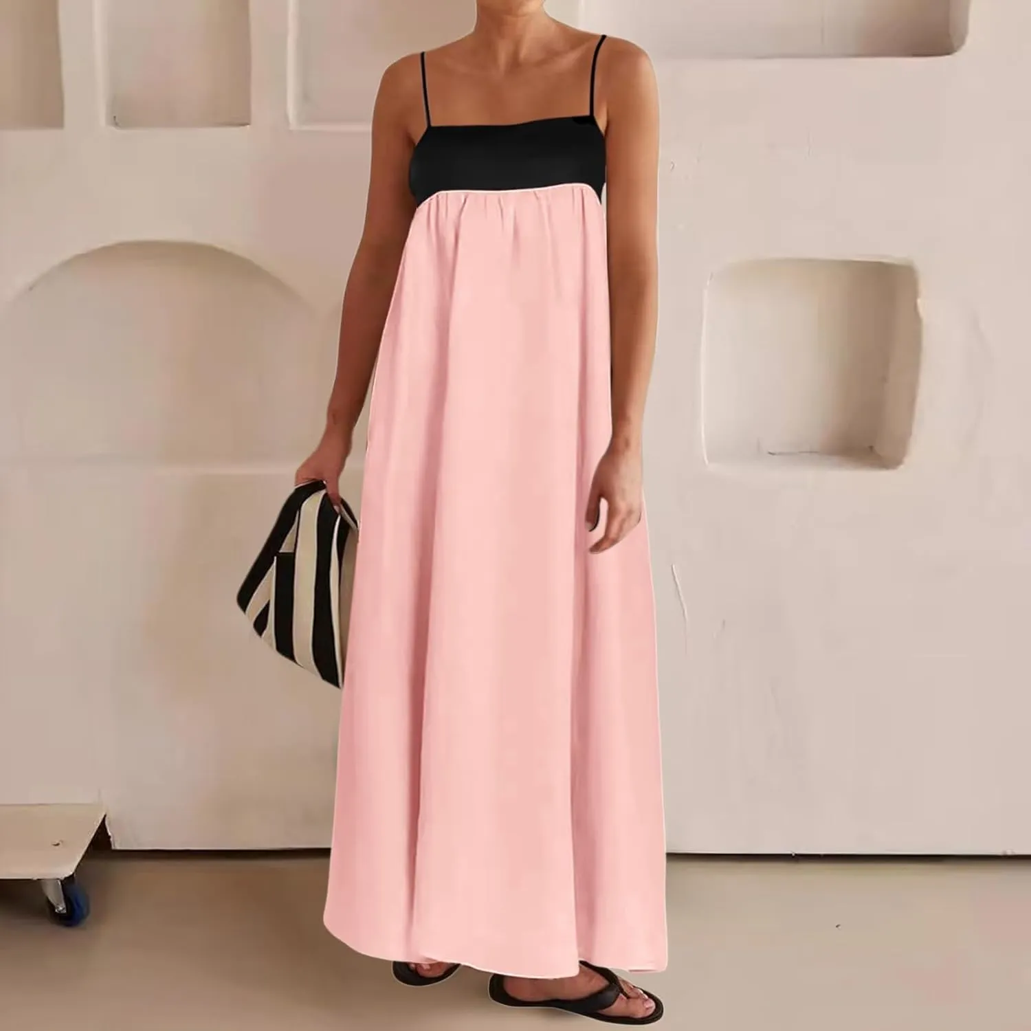 Contrast Dress for Women Spaghetti Straps Backless Maxi Dress Summer Outfits Sleeveless Travel Vacation Long Dresses