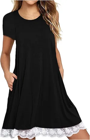 Cotton Dress for Women 2025 Summer Casual Loose Lace Hem Dresses Short Sleeve Tshirt Pajamas Gown for Homewear