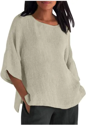 Cotton Linen 3/4 Length Sleeve Womens Tops Summer Casual Crewneck Loose Fit Shirts Workout Bohemian Blouse Comfy Tees