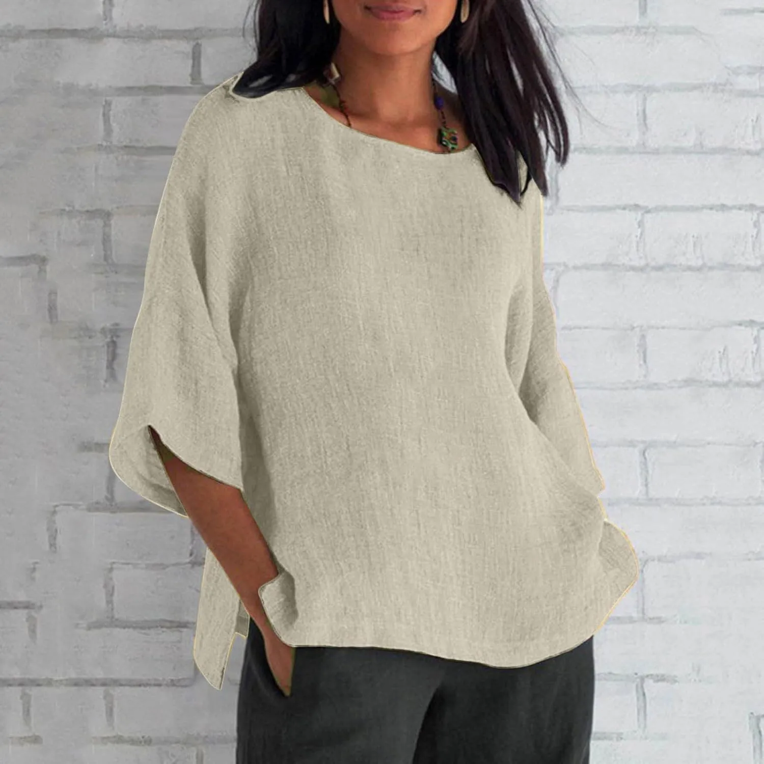 Cotton Linen 3/4 Length Sleeve Womens Tops Summer Casual Crewneck Loose Fit Shirts Workout Bohemian Blouse Comfy Tees
