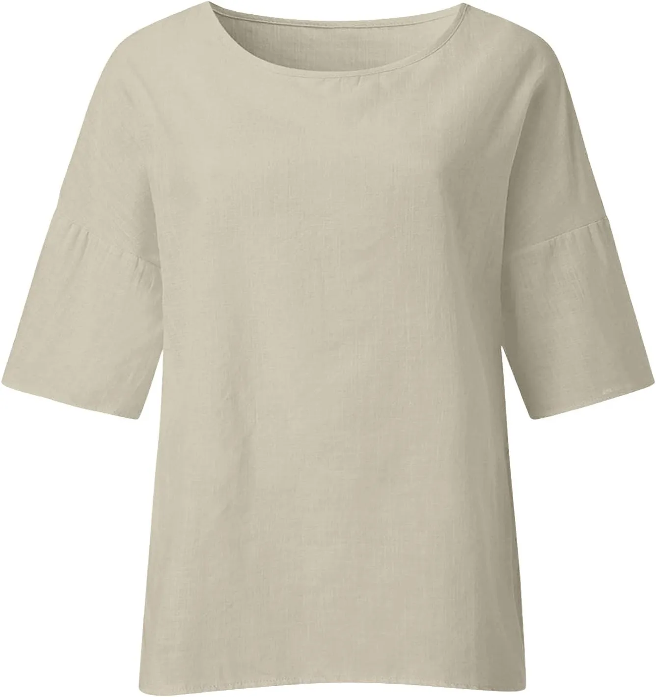 Cotton Linen 3/4 Length Sleeve Womens Tops Summer Casual Crewneck Loose Fit Shirts Workout Bohemian Blouse Comfy Tees