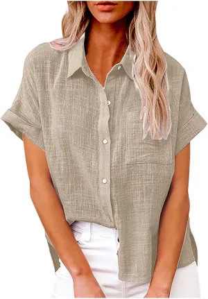 Cotton Linen Button Down Shirts for Women 2024 Trendy Summer Casual Tops Plus Size Collared Business Casual Blouses