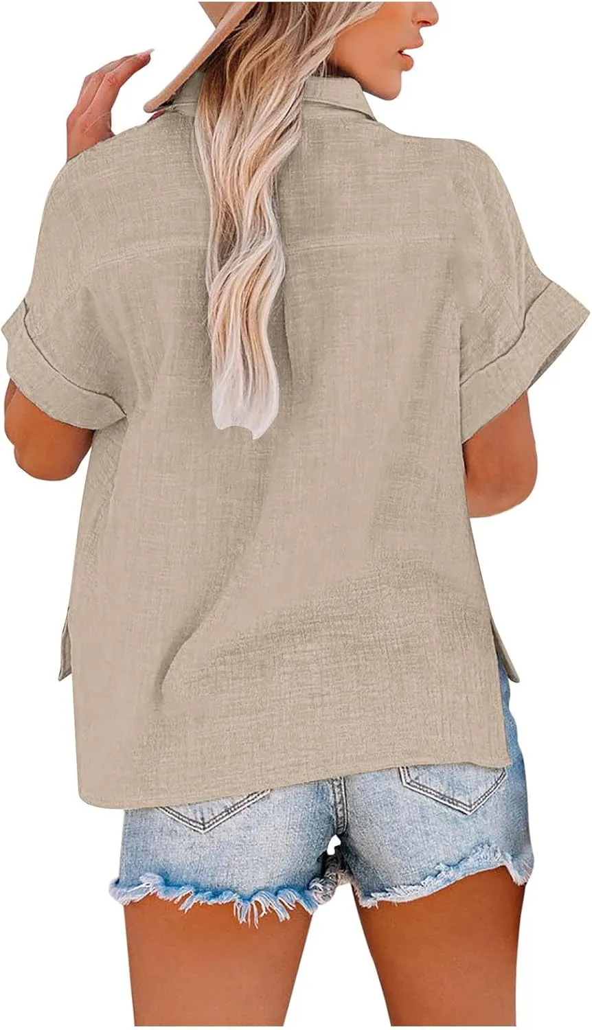 Cotton Linen Button Down Shirts for Women 2024 Trendy Summer Casual Tops Plus Size Collared Business Casual Blouses