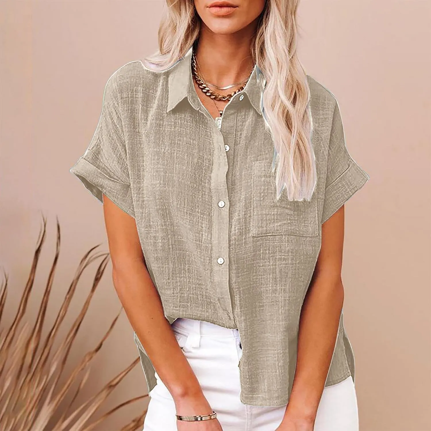 Cotton Linen Button Down Shirts for Women 2024 Trendy Summer Casual Tops Plus Size Collared Business Casual Blouses