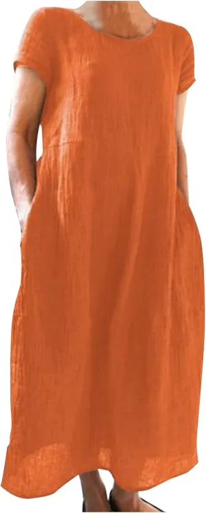 Cotton Linen Dresses for Women 2025 Baggy Crew Neck Maxi Dress Summer Casual Comfy Solid Color Tunic with Pockets