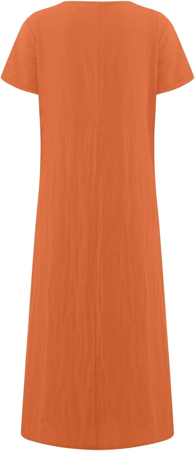 Cotton Linen Dresses for Women 2025 Baggy Crew Neck Maxi Dress Summer Casual Comfy Solid Color Tunic with Pockets