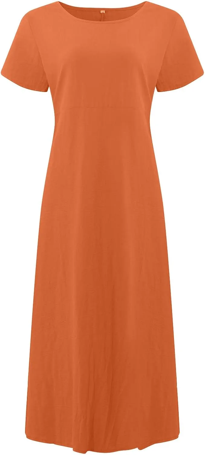 Cotton Linen Dresses for Women 2025 Baggy Crew Neck Maxi Dress Summer Casual Comfy Solid Color Tunic with Pockets