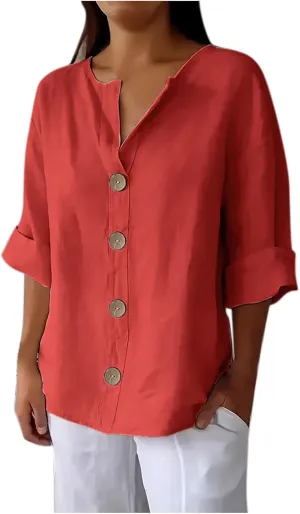 Cotton Linen Shirts for Women Long Sleeve V-Neck Button Down Blouses Solid Color Casual Loose Summer Tops