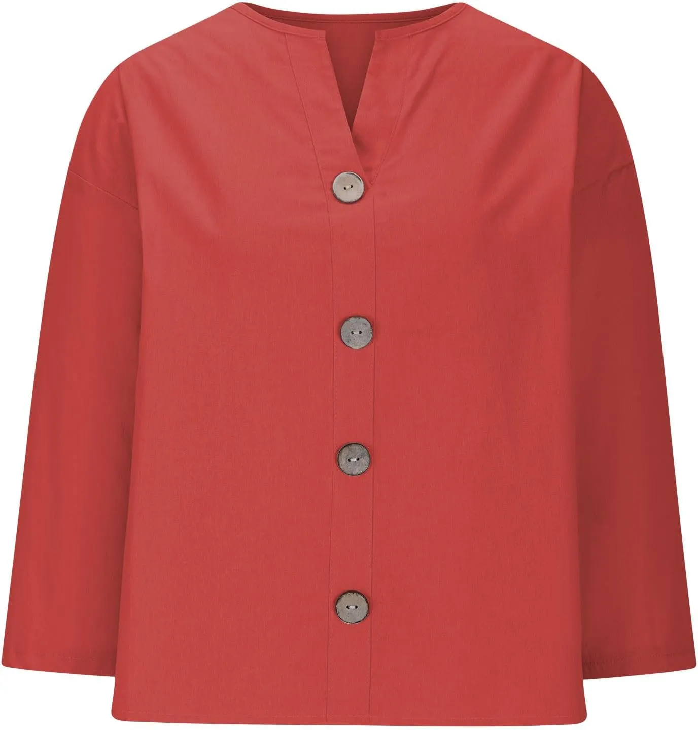Cotton Linen Shirts for Women Long Sleeve V-Neck Button Down Blouses Solid Color Casual Loose Summer Tops