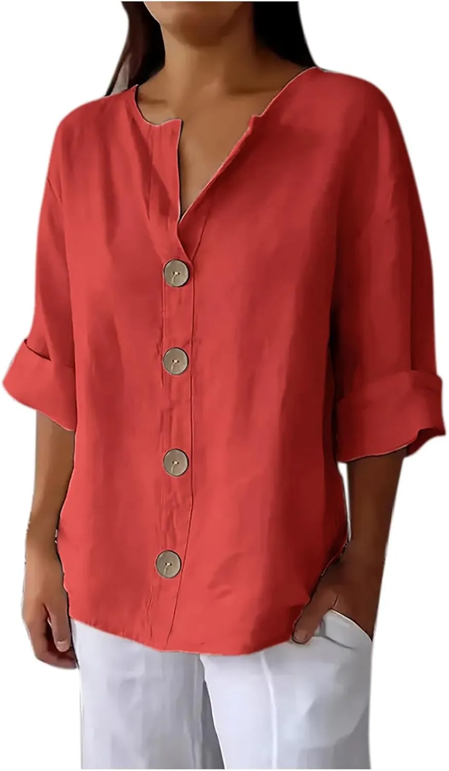 Cotton Linen Shirts for Women Long Sleeve V-Neck Button Down Blouses Solid Color Casual Loose Summer Tops