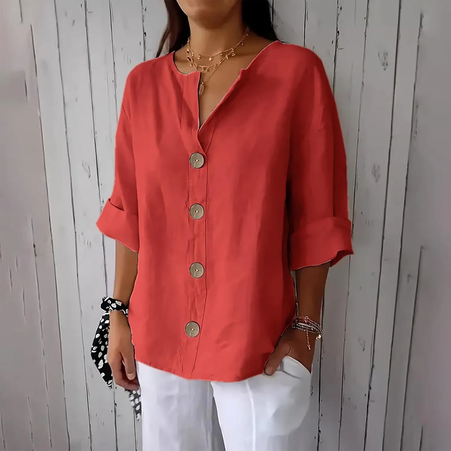 Cotton Linen Shirts for Women Long Sleeve V-Neck Button Down Blouses Solid Color Casual Loose Summer Tops