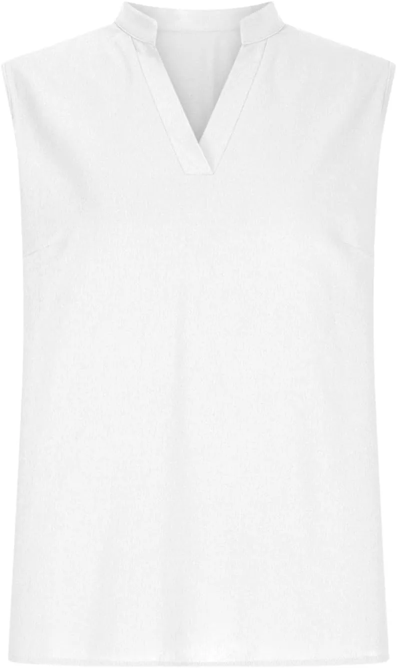 Cotton Linen Tank Tops for Women V Neck Sleeveless T-Shirts Fashion Loose Casual Tunic Summer Basic Blouses for Work