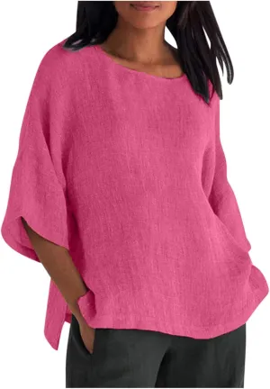 Cotton Linen Top for Women Plus Size 3/4 Sleeve Casual Summer Blouse T Shirt Fashion Side Split Loose Tunic Shirts