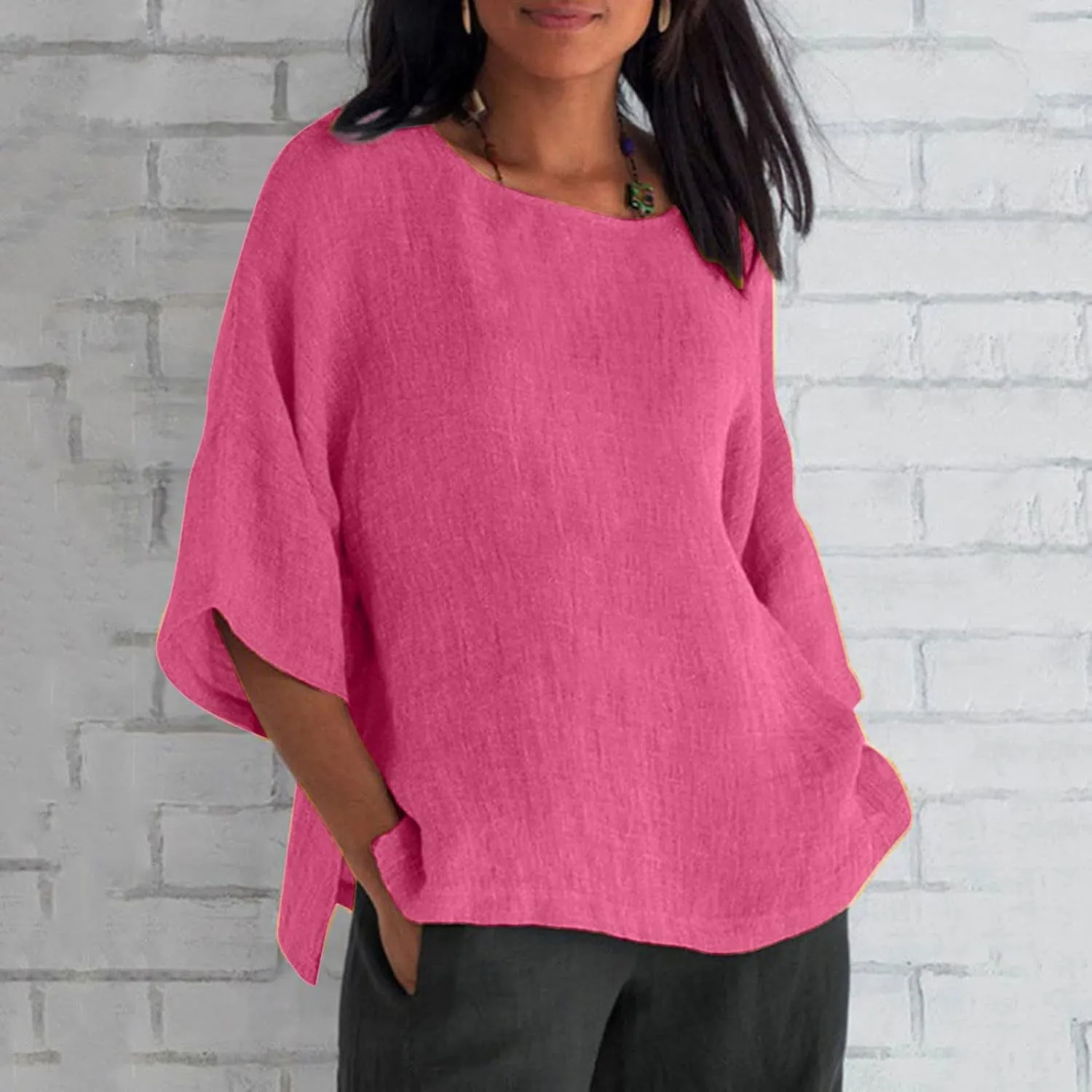 Cotton Linen Top for Women Plus Size 3/4 Sleeve Casual Summer Blouse T Shirt Fashion Side Split Loose Tunic Shirts