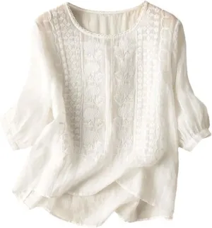 Cotton Linen Tops for Women Trendy Embroidered Blouses Short Sleeve Crew Neck Boho Tunic Tops Casual Loose T-Shirt