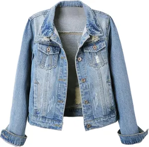 Cropped Denim Jacket for Women Ripped Long Sleeve Denim Jackets for Women Casual Jackets for Womens