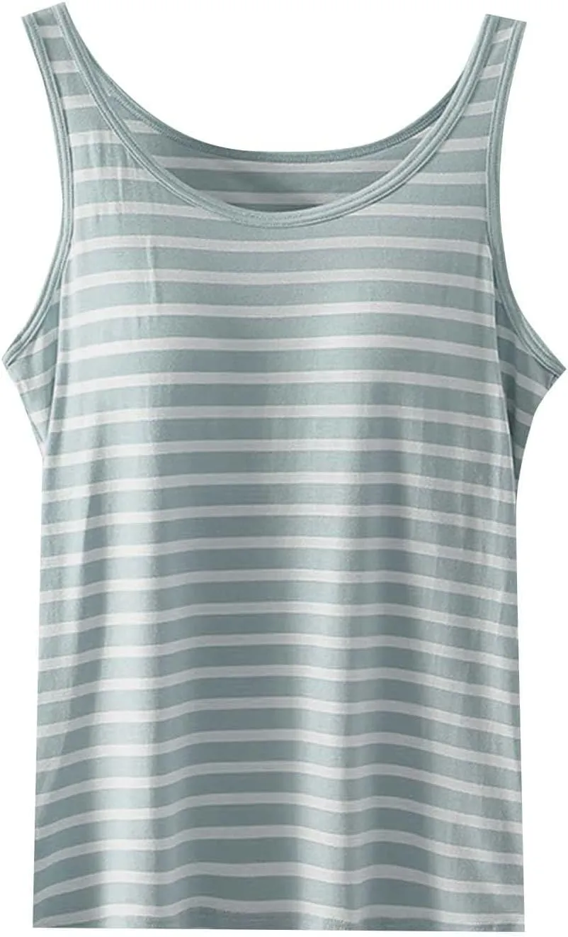 Cute Striped Modal Tank Tops Women Summer Yoga Workout Built in Bra Modal Sleeveless T-Shirts Soft Comfy Undershirt