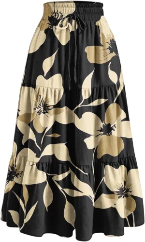 DDAPJ pyju Women's Summer Boho Tiered Maxi Skirt 2025 Trendy Floral Printed Elastic High Waist Pleated Long Beach Skirts