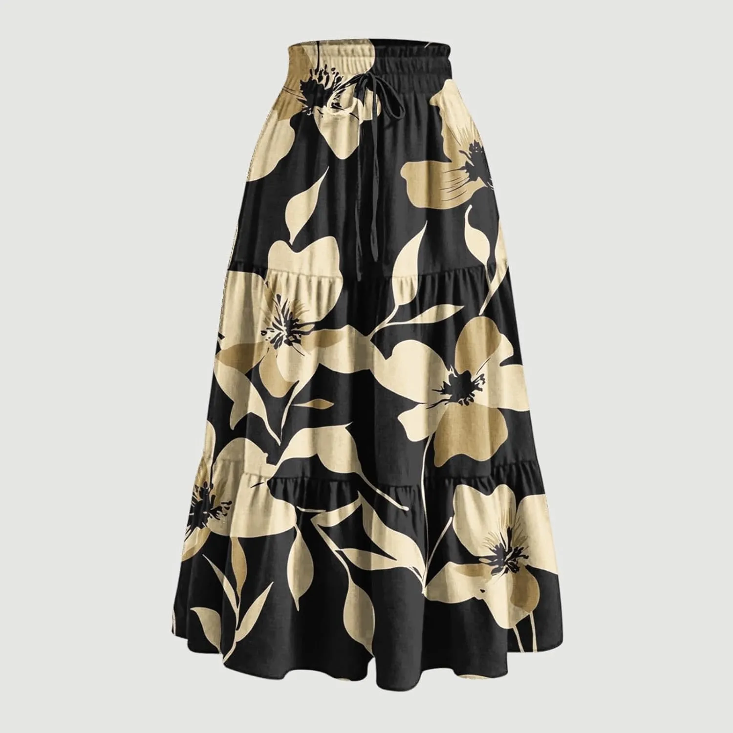DDAPJ pyju Women's Summer Boho Tiered Maxi Skirt 2025 Trendy Floral Printed Elastic High Waist Pleated Long Beach Skirts