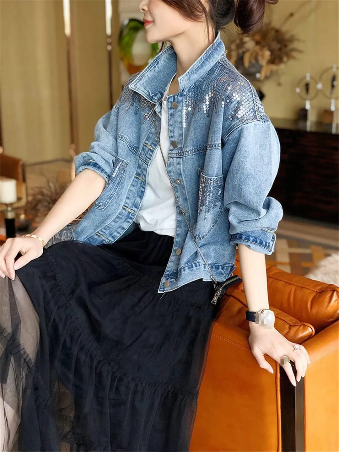 Denim Jackets Womens Spring Autumn Sequins Literary Retro Jean Jackets Short Loose Casual Outwear