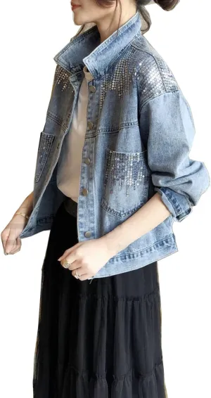 Denim Jackets Womens Spring Autumn Sequins Literary Retro Jean Jackets Short Loose Casual Outwear