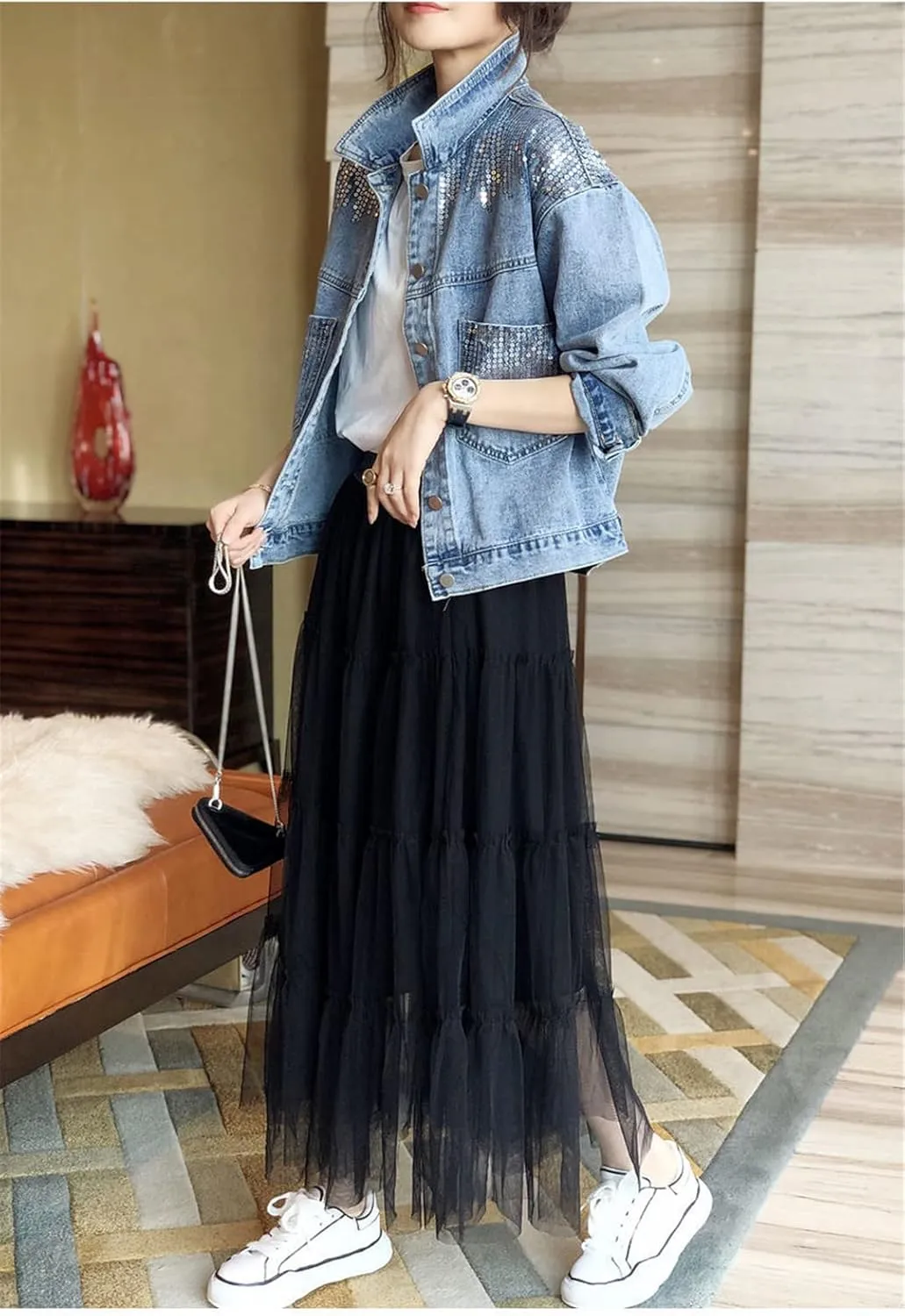Denim Jackets Womens Spring Autumn Sequins Literary Retro Jean Jackets Short Loose Casual Outwear