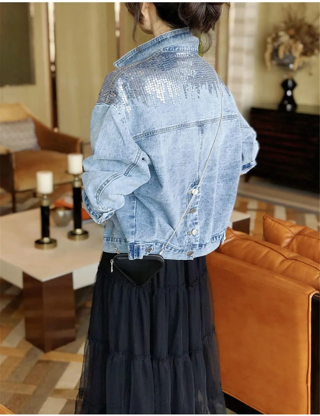 Denim Jackets Womens Spring Autumn Sequins Literary Retro Jean Jackets Short Loose Casual Outwear