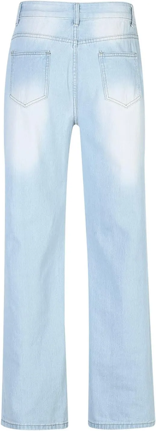 DGHM-JLMY Women's Loose Wide Leg Jeans Casual Boyfriends Distressed Baggy Denim Pants Straight Trousers Streetwear Pants