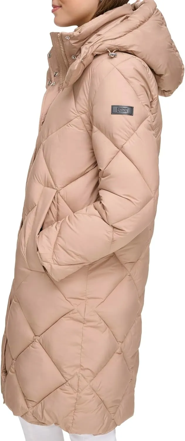 DKNY Womens Diamond Quilted Long Puffer Coat