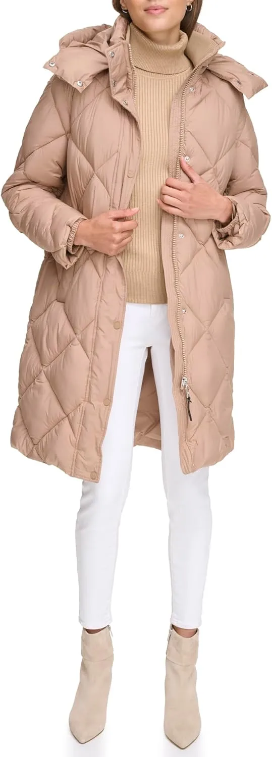 DKNY Womens Diamond Quilted Long Puffer Coat