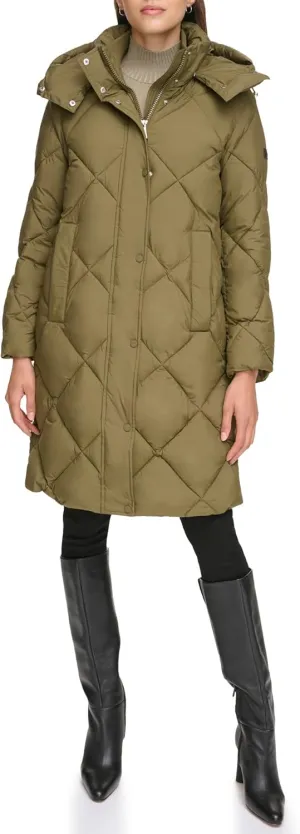 DKNY Womens Diamond Quilted Long Puffer Coat